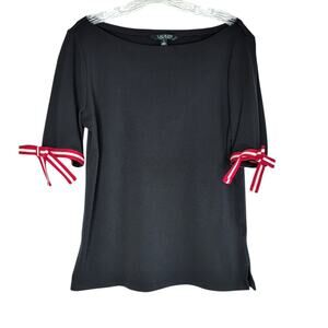 Laurel Ralph Lauren LRL black ribbon trim sleeve t-shirt, women's size XL